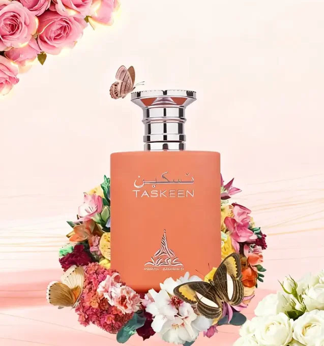 رذاذ عطر Taskeen 3.38oz جسم زجاجة برتقالية بلوري، غطاء زجاجة فضي، جو بسيط، عطر نسائي يدوم طويلاً