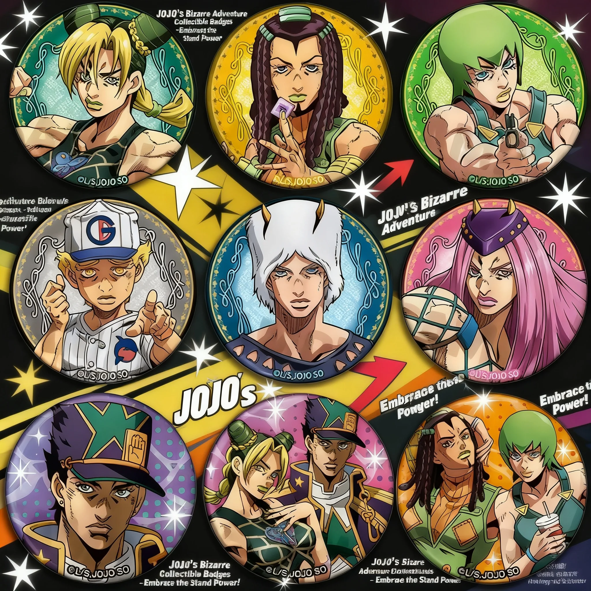

Значок-брелок по аниме JOJO Bizarre Adventure Stone Ocean: Джолин Куджо, Энрико Пуччи, Джотаро Куджо. Мерч.