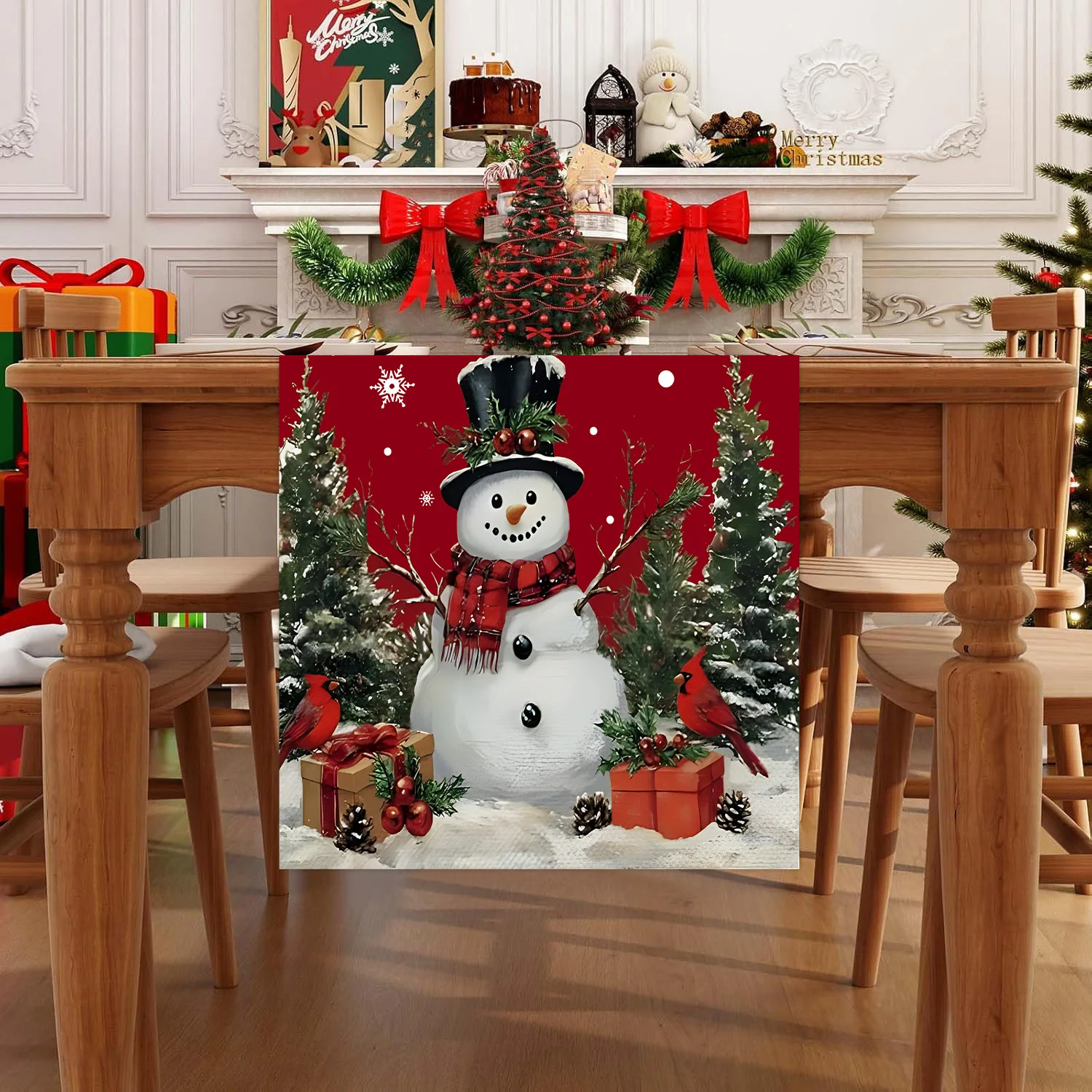 Christmas Snowman Table Runner,Red Winter Snowflake Bird Gift Print Tablecloth,Holiday Dining Table Decor for Xmas Home Party