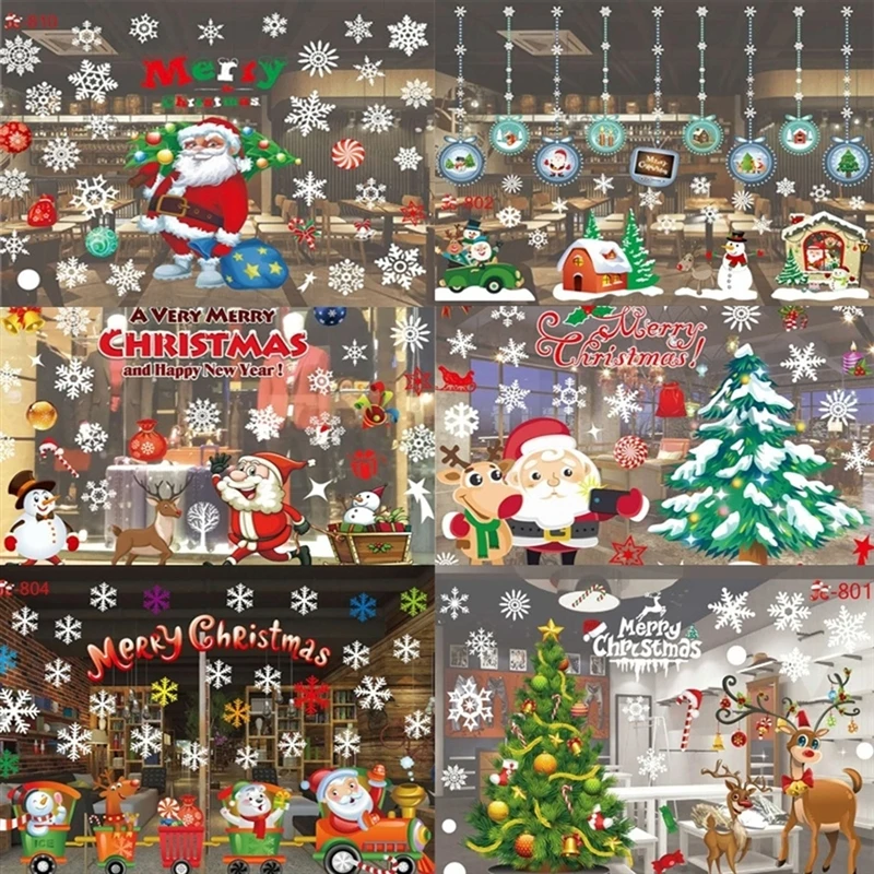 

12 Types Large Merry Christmas Wall Stickers Santa Snowflake Window Room Decor PVC New Year Christmas Home Decor Removable