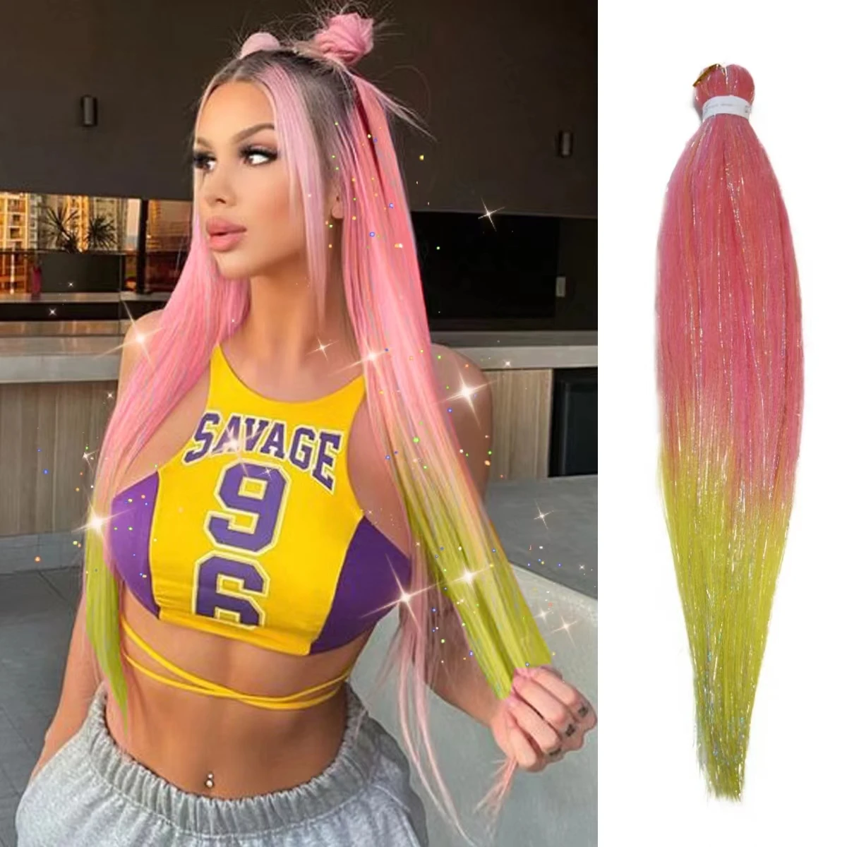 Tinsle Braids Pre Stretched Braiding Hair Colorful Braiding Hair Mixed Tinsels Kids Braiding Hair Orange Yellow Hair Extensions