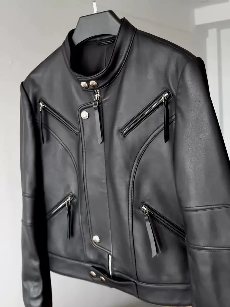 ホワイトショートレザージャケット女性 2025 春 100% シープスキンポケット Feminino ジンジャーコートストリートファッション Ropas デ Mujeres
