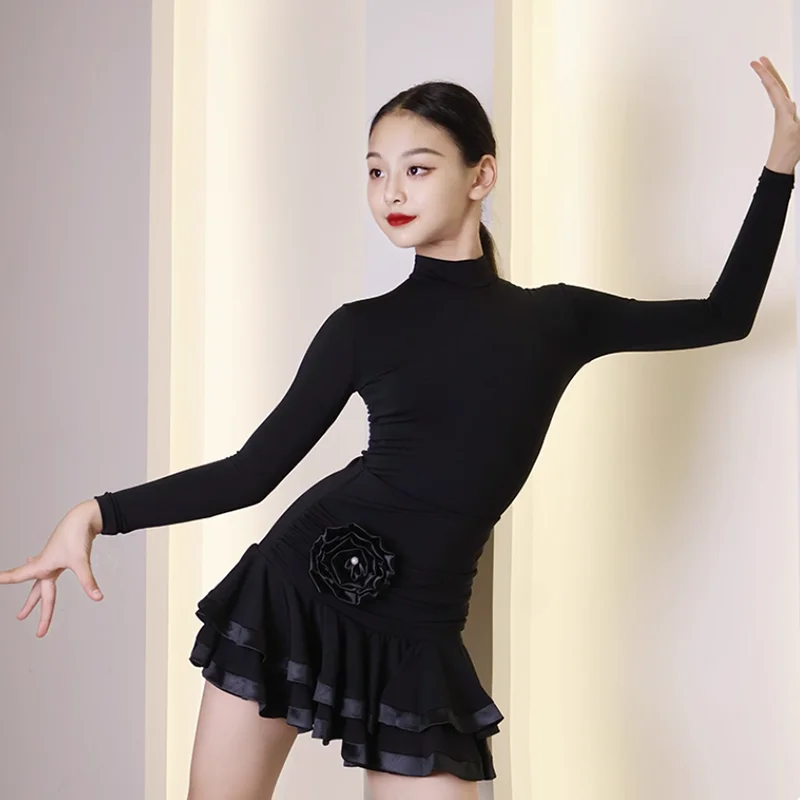 Childrens Latin Dance Sexy Dress Girls Kids Practice Ballroom Dancing Performance Bodysuit and Skirt Set Romba Chacha Costume