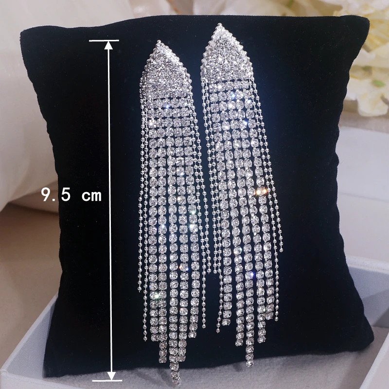 Luxury Full Rhinestone Crystal Long Tassel Earrings for Women Bridal Wedding Drop Dangling Earrings Evening Party Jewelry Gifts