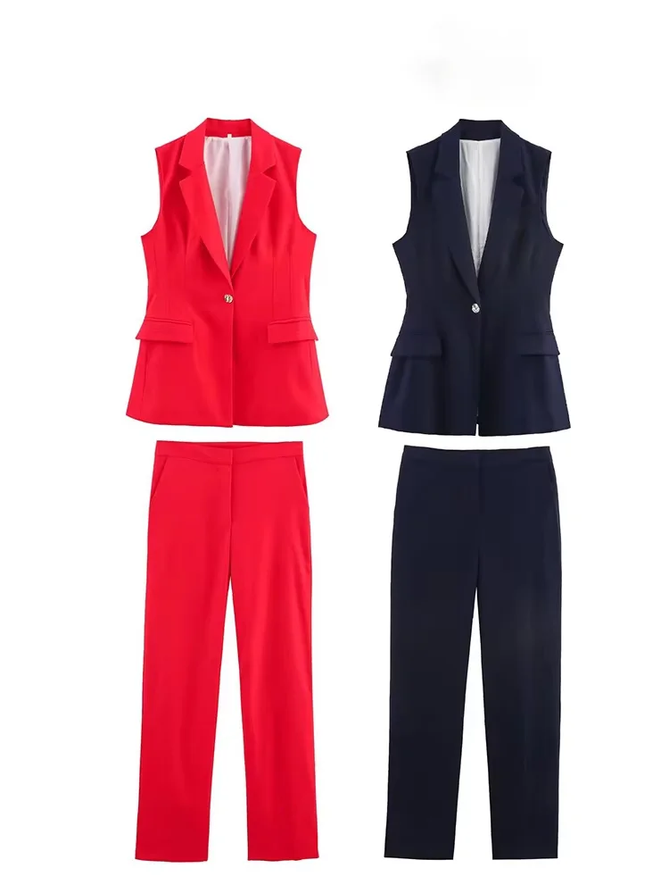 HH-Top largo sin mangas con un solo botón y solapa mezclada para mujer, traje informal de cintura alta con cremallera y bolsillo lateral, pantalones rectos