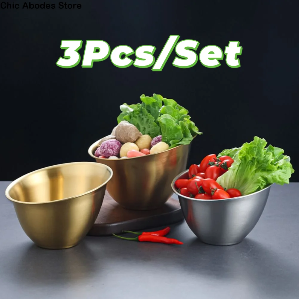 

3Pcs Tableware Korean Style Lettuce Bowl Oblique Stainless Steel Salad Bowl Large Capacity Gold/Silver Soup Serving Basin Fruit