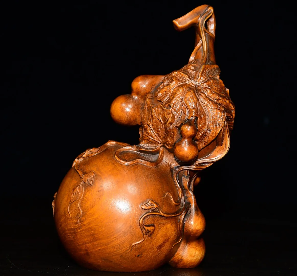 

4"Tibetan Temple Collection Old Boxwood Town house Gourd melon vine Calabash Amass wealth Ornaments Worship Hall Exorcism