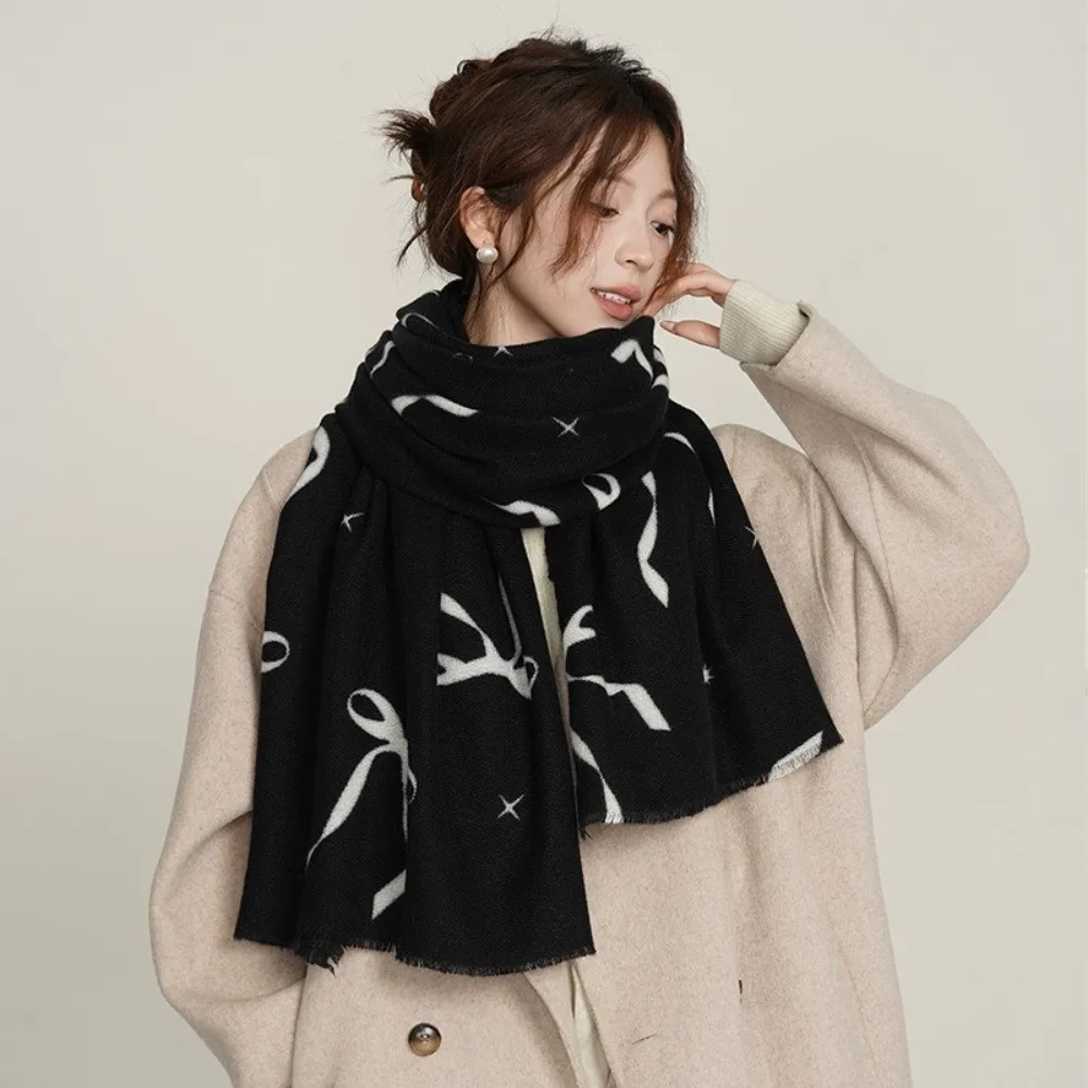 

Модный шерстяной шарф с бантом и принтом, утепленные зимние кашемировые шарфы, длинные термобелье, женские кашемировые шаль для девочек