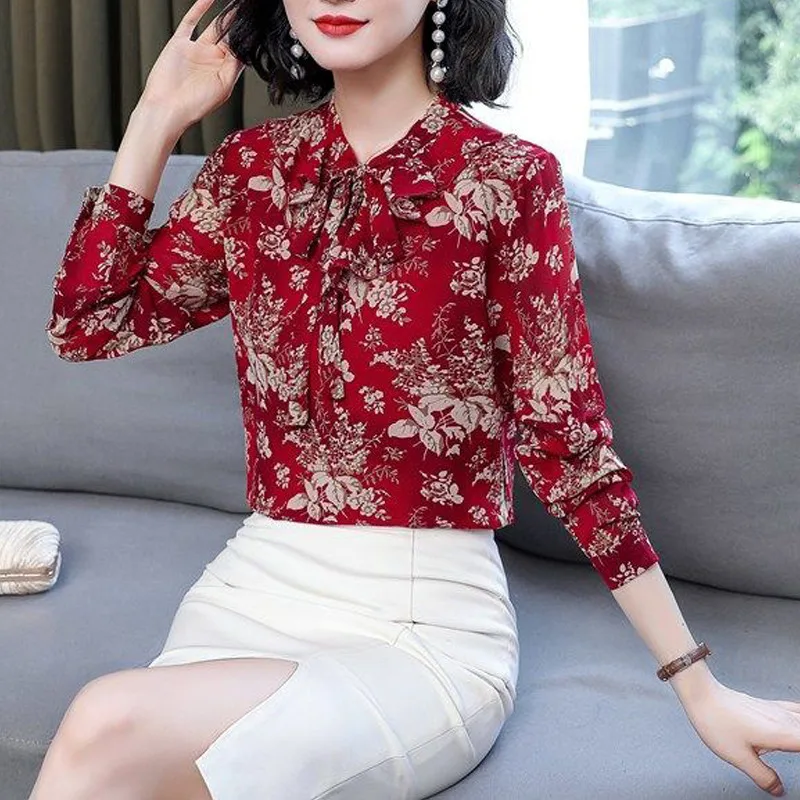 Vintage Floral Print Ruffle Lace Up Bow Elegant Chic Office Lady Button Up Shirt Fashion Long Sleeve Slim Tops Blouses for Women