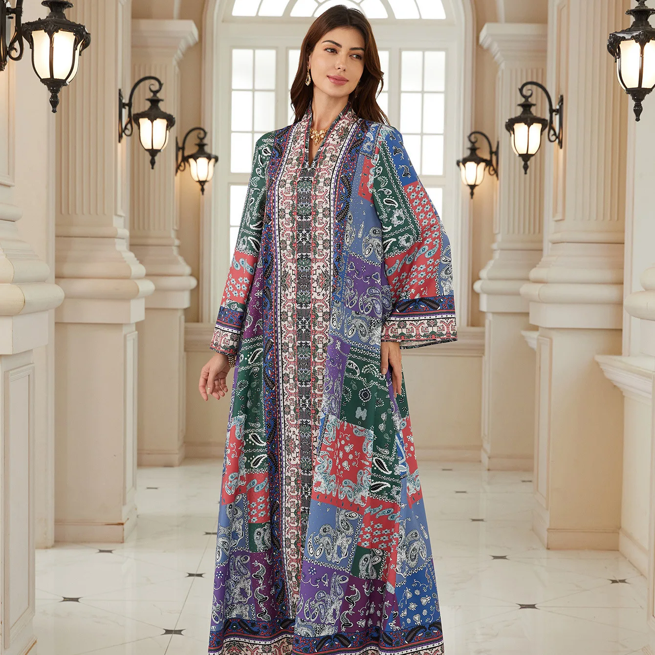 Eid Abaya Frauen Party Kleid v-ausschnitt Jalabiya Drucken Muslimischen Dubai Vestidos Largo Ramadan Marokko Gebet Kaftan Robe Abayas 2026