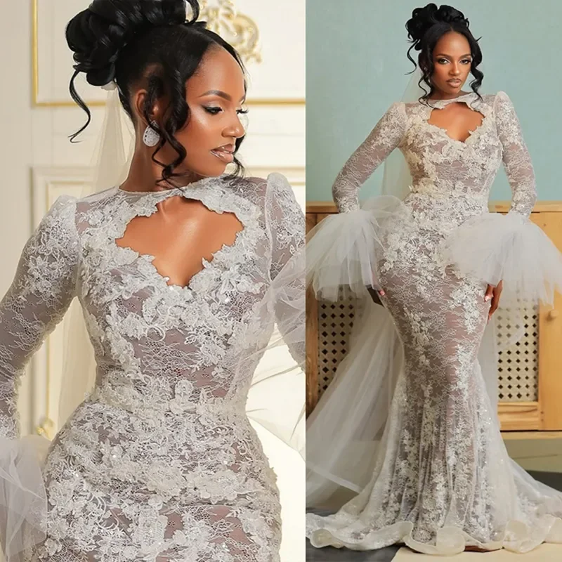 

Customized 2025 New Aso Ebi Mermaid Wedding Dress Phantom Transparent Collar Long Sleeve Beaded Lace Inlaid Pearl Bridal Dress