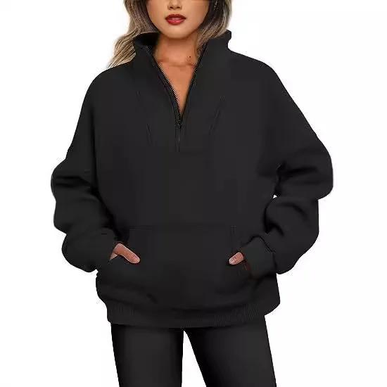 Autumn Winter Stand Collar Zip-Up Pocket Fleece Sweatshirt Women's Loose Casual