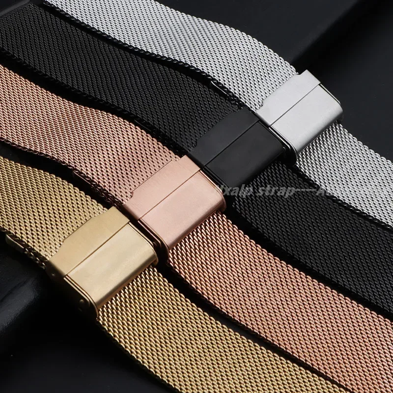 Milanese Watch Loop Strap 8/10/12/14/15/16/18/19/20/21/22/24mm Width Bands 0.6mm Mesh Stainless Steel Strap Double Safety Buckle