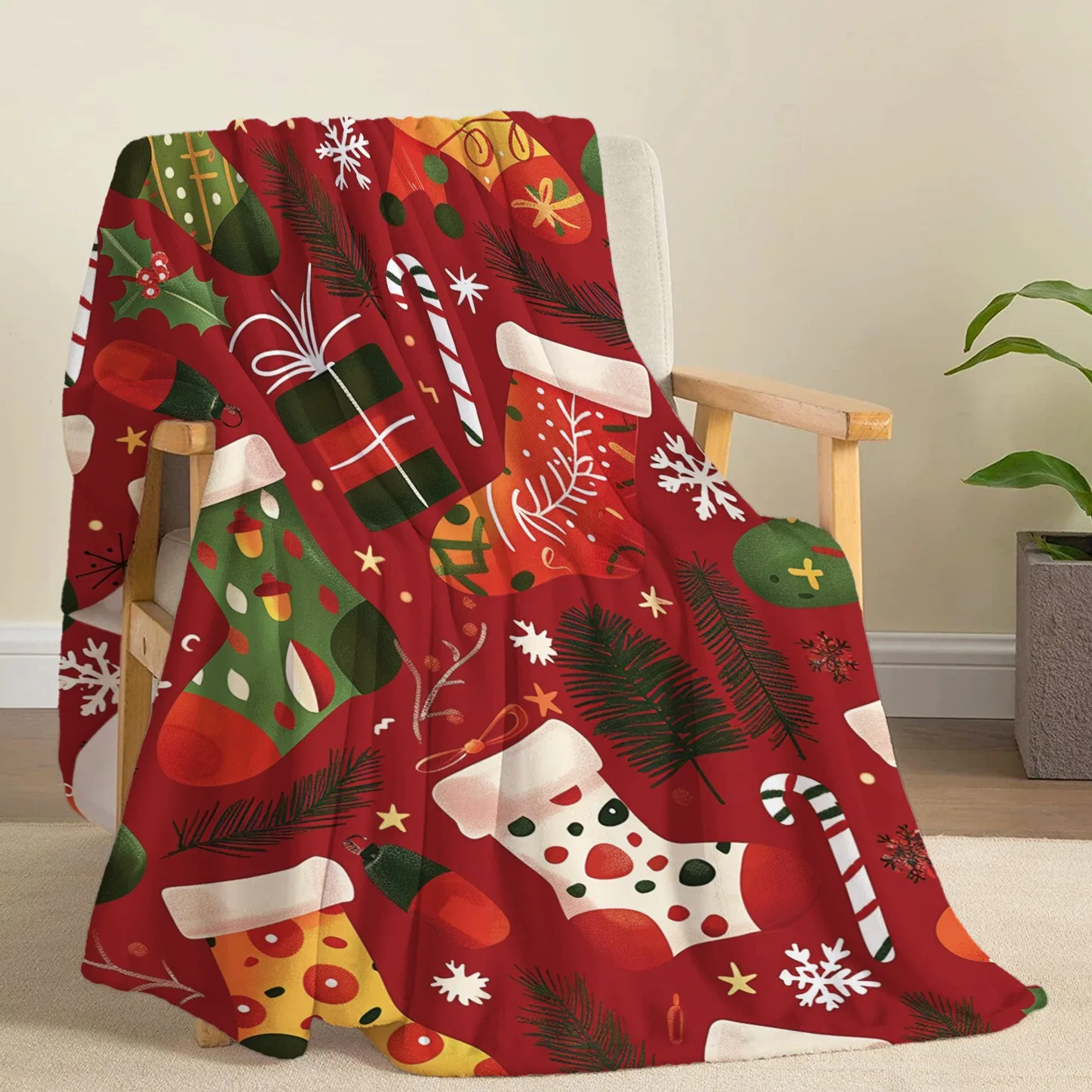 

Christmas Stocking & Gift Pattern Throw Blanket, Festive Home Decor Blanket