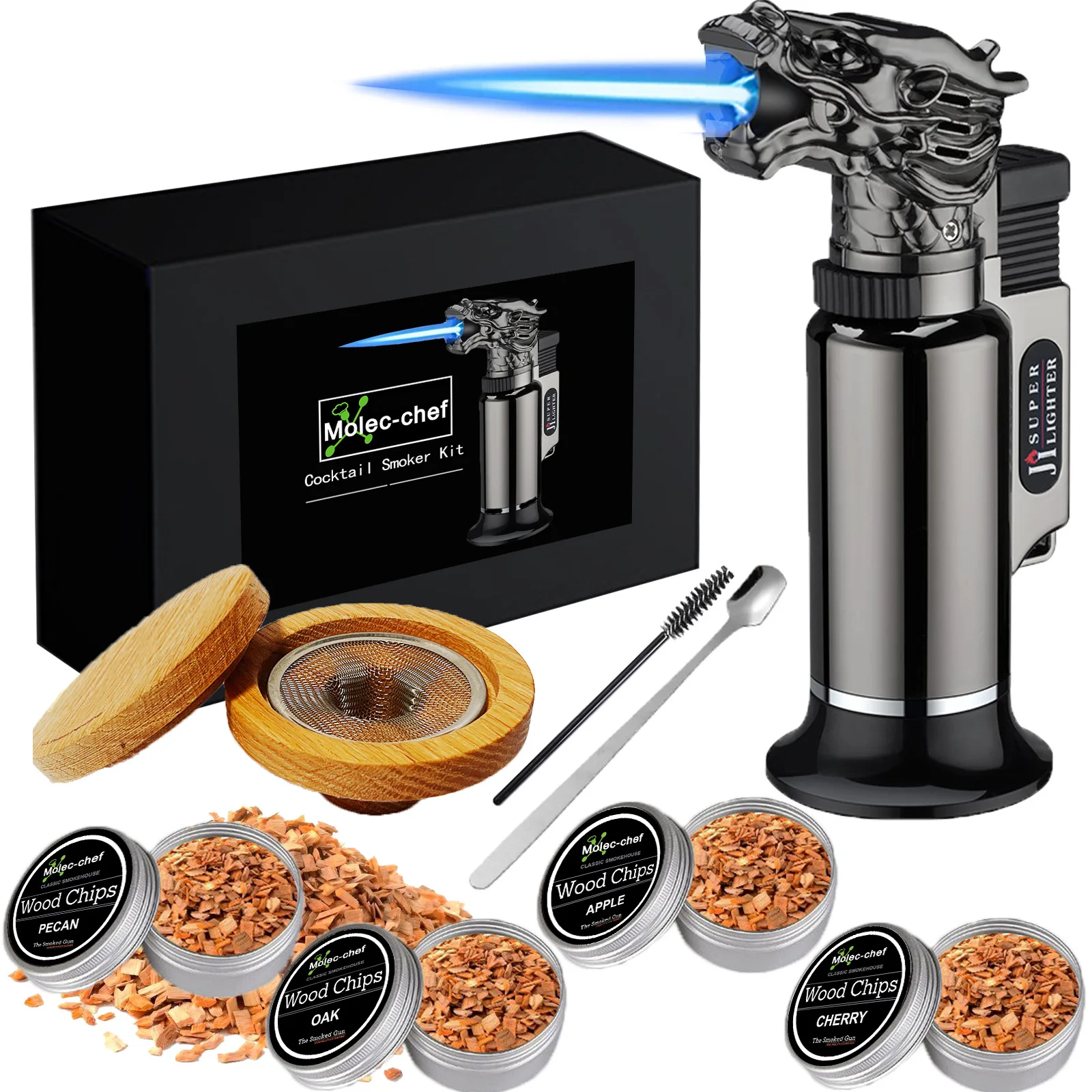 Cocktail Smoker Kit 8 Fruit Wood Chips  and Torch Bartend Tools For Drinks Cocktail Kitchen Bar Accessories Lighter