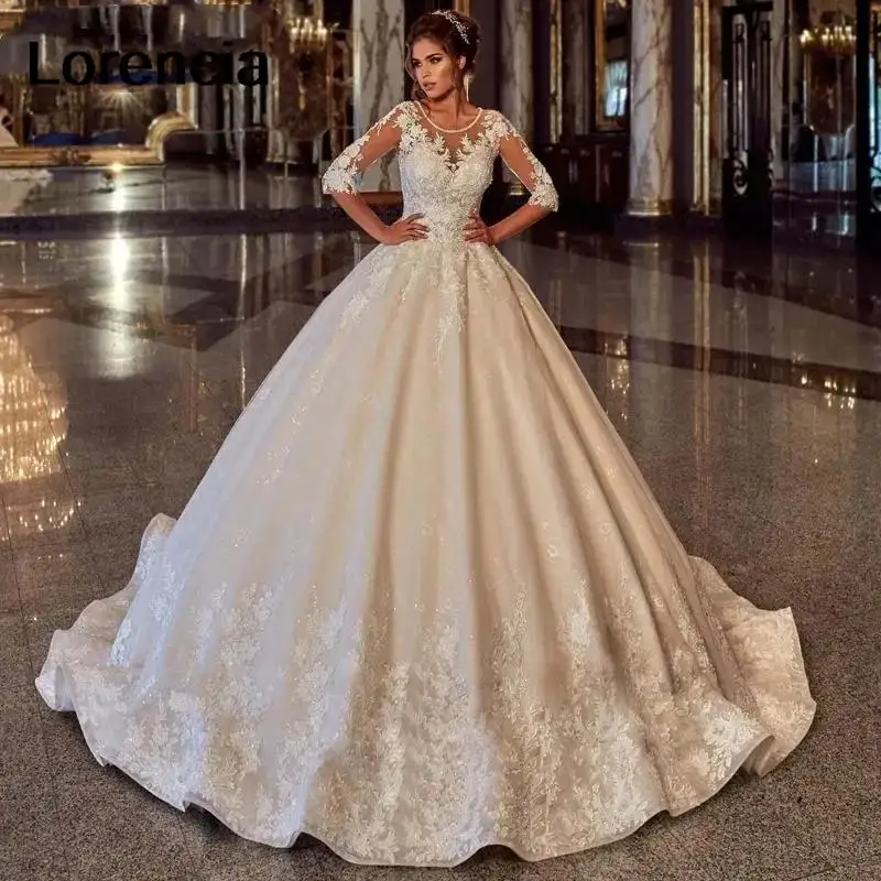 Lorencia Gorgeous Appliques Lace A-Line Wedding Dress 2024 Beaded Half Sleeve Vintage Bridal Bride Gown Robe De Mariée YAW117