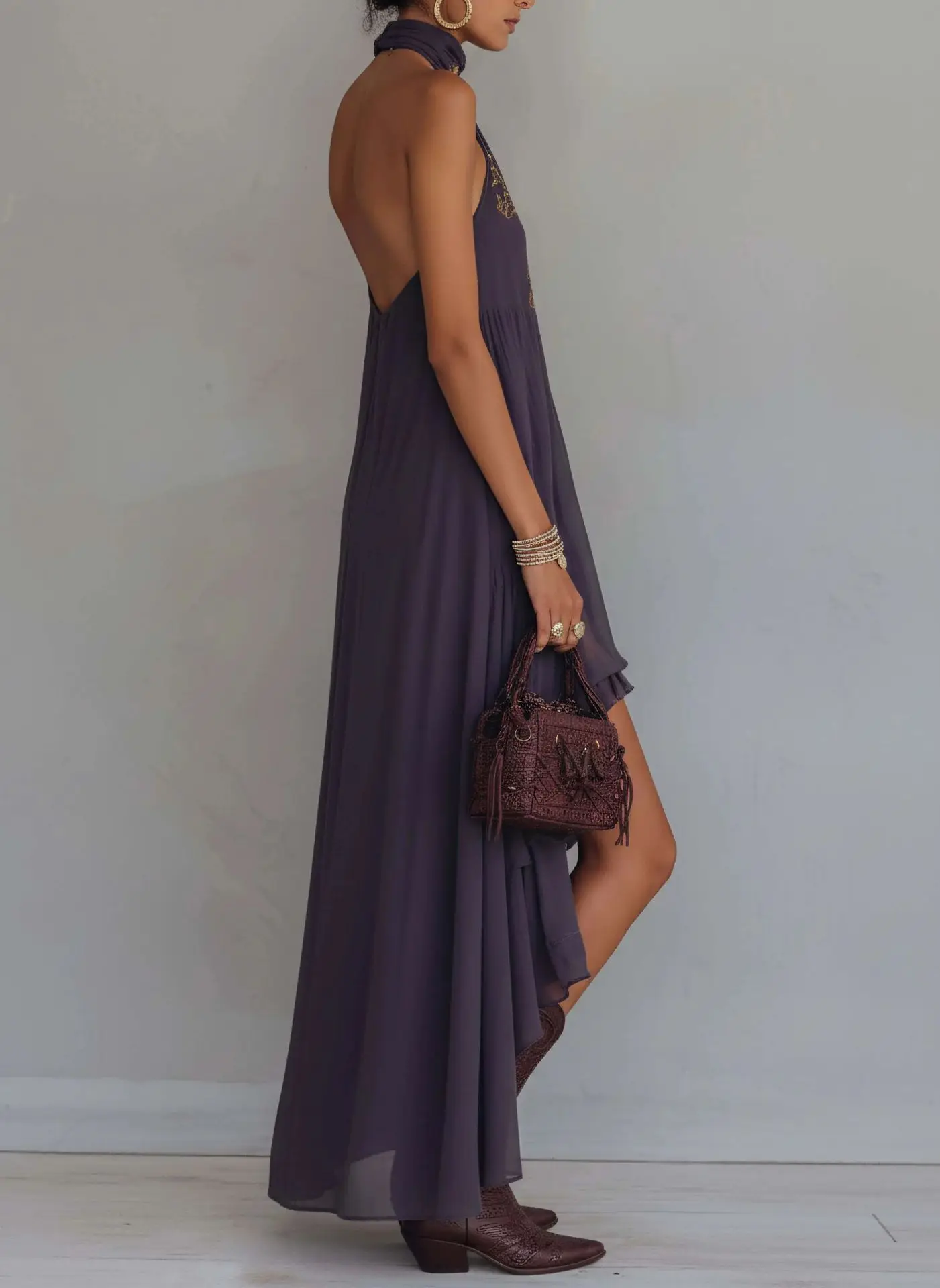 Women Purple Dress Halter Neck Embroidery Open Back Button High Low Asymmetrical Ruffle Hem Tiered Dress Beach Vacation Outfit