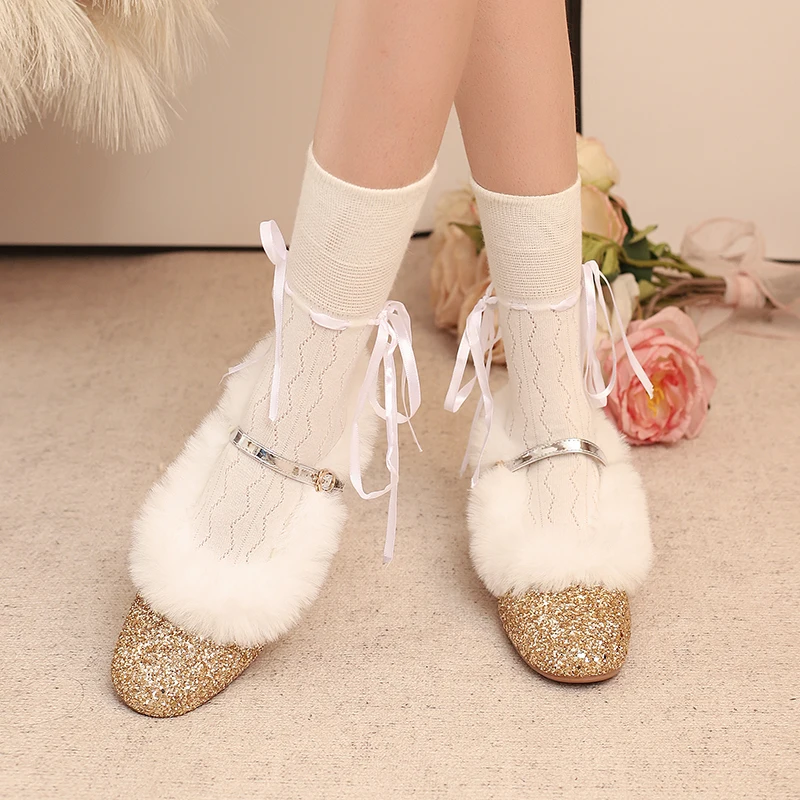 

YQBTDL 2026 Sweet New Brand Plush Fur Fuzzy Pumps Ladies Block Heels Round Toe Ankle Buckle Strap Party Women Shoes Blue Sliver
