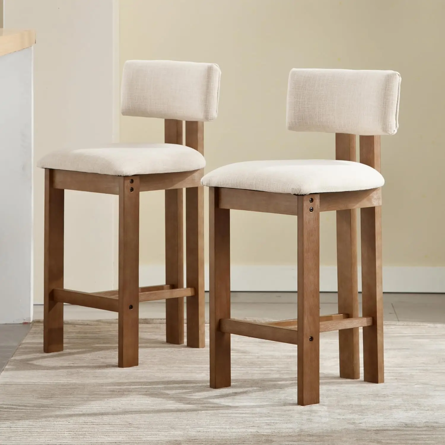 Farmhouse Bar Stools Set of 4 Modern 26" Counter Height with Padded Back Upholstered Wood Legs Beige, Customized - view 4