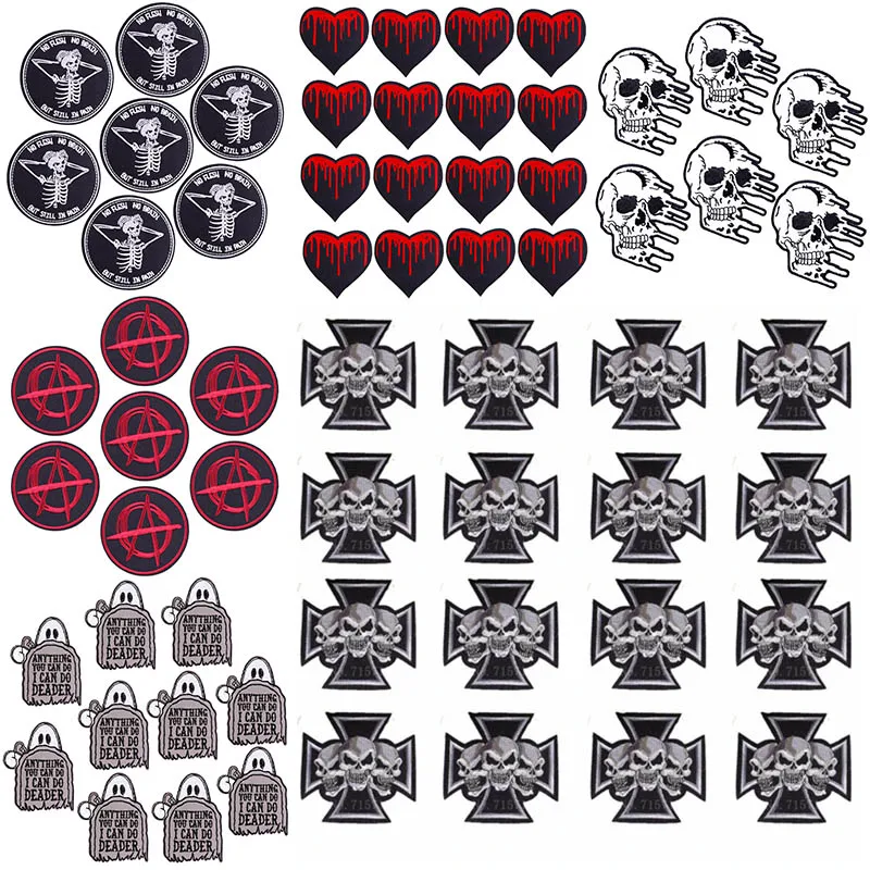 

Prajna 10PCS Wholesale Skull Patch Iron-On Patches For Clothing Stripes Punk Embroidered Patches On Clothes DIY Clothes Stickers