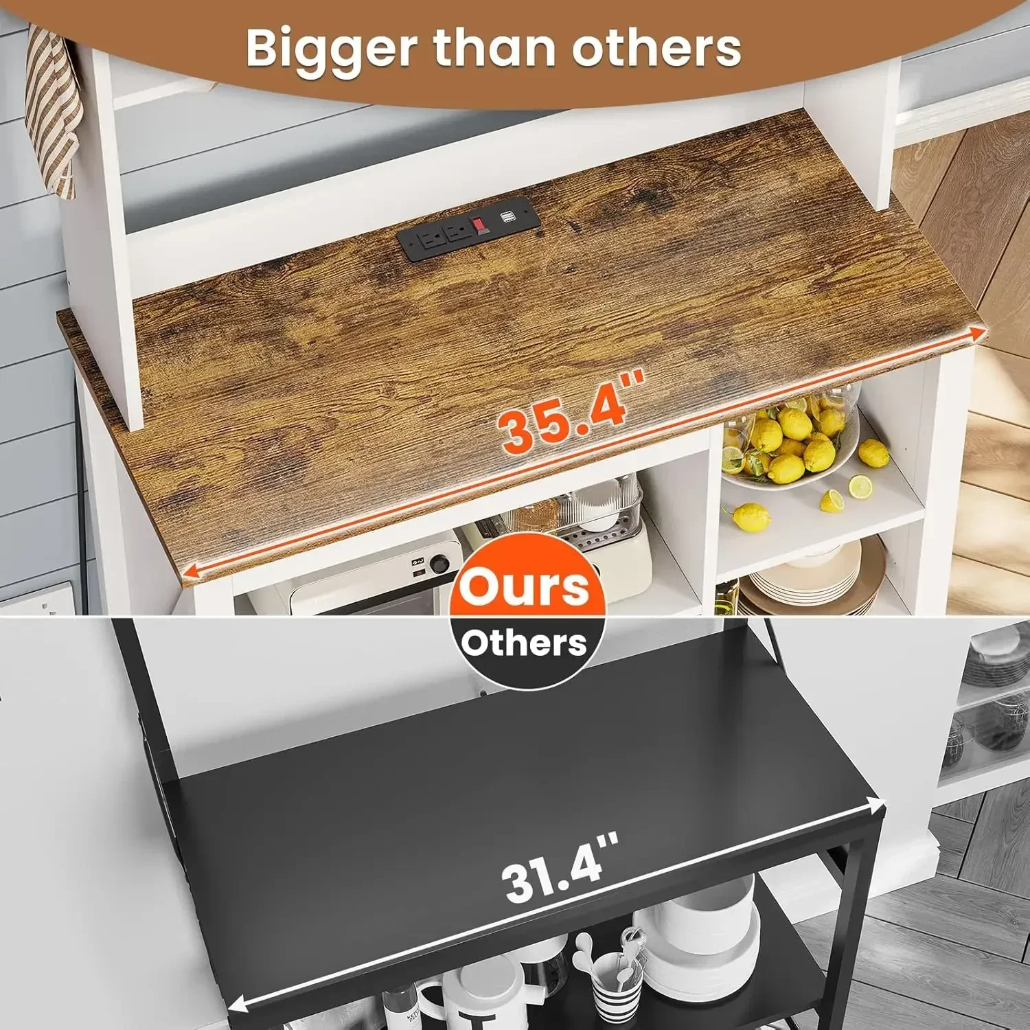 White Bakers Rack Power Outlet Storage Coffee Bar Cabinet Microwave Stand Hutch Led Lights Wine Glass Holder Hooks