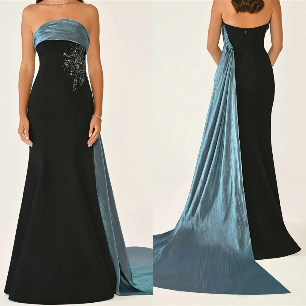 فستان سهرة جيرسي أسود رقيق مخصص أنيق بدون حمالات بدون أكمام لحفلات العودة للوطن كلاسيكي بسحاب خلفي للحفلات