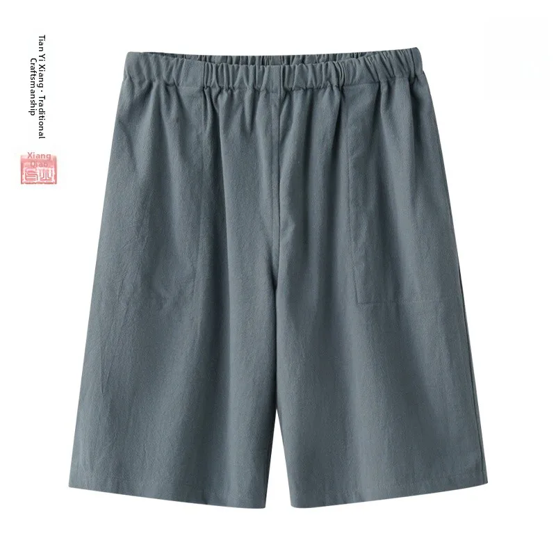 リネン薄手の5部ショートパンツメンズルーズフィット大きいサイズ中国風カジュアル漢服ショーツ夏のレジャー巾着ウエスト