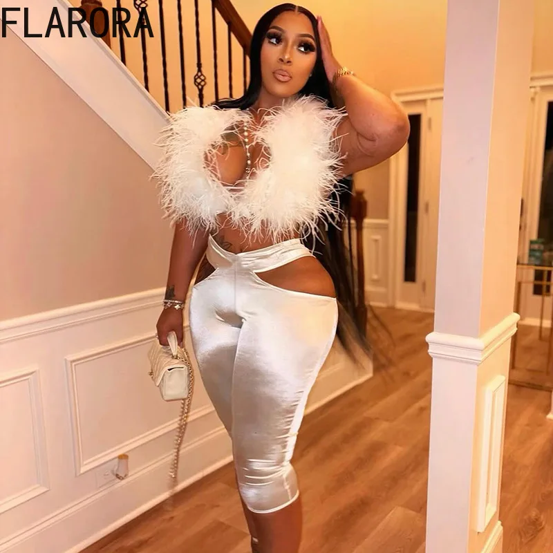 

FLARORA Sexy Furry 2 Piece Sets Woman Halter Sleeveless Backless Tank Tops And Hollow Out Shorts Outfits Midnight Party Clubwear