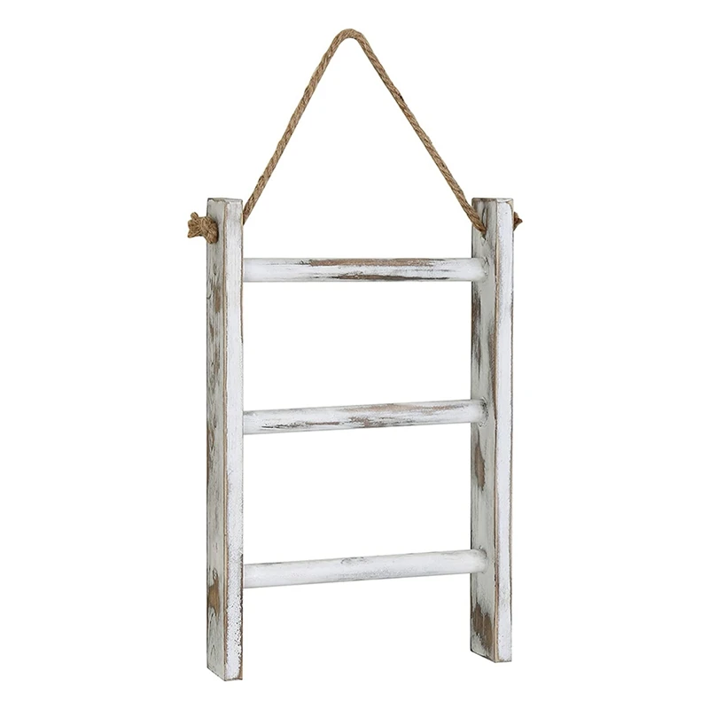 3-Tier Mini Whitewashed Wood Wall-Hanging Hand Towel Storage Ladder with Rope