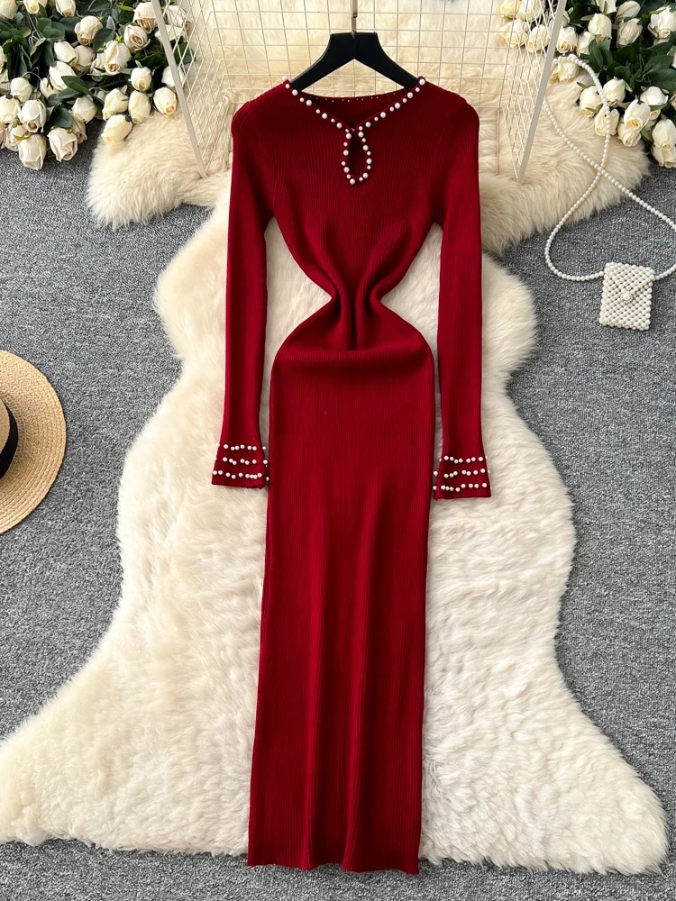 Ele Heavy Beaded Lungo Sve lavorato a maglia Dr Donna Autunno Inverno Dimagrante Base Layer Maglione Dr Gonna a trapezio a vita alta