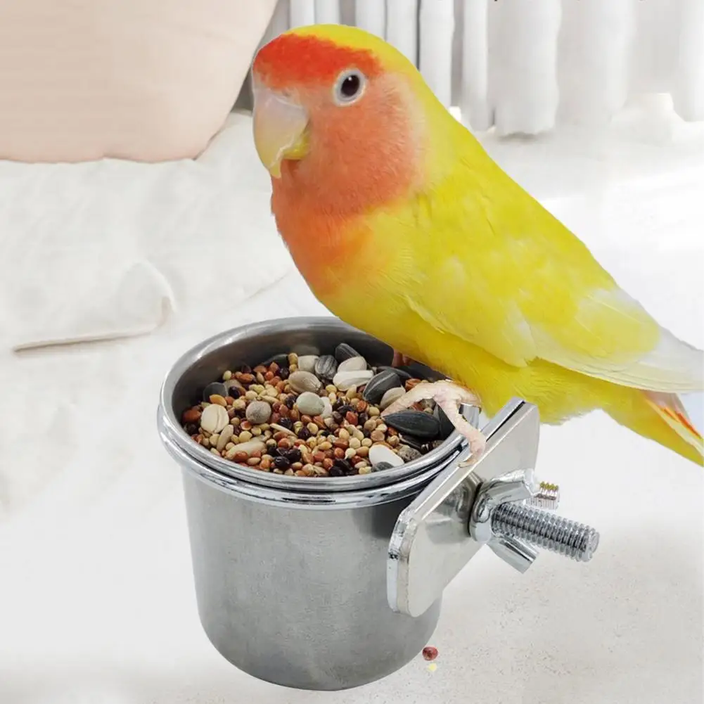 Parrot Feeding Station Stainless Steel Hanging Parrot Feeding Cup with Clips Anti-turnover Pet Food Bowl for Birds for Parakeets