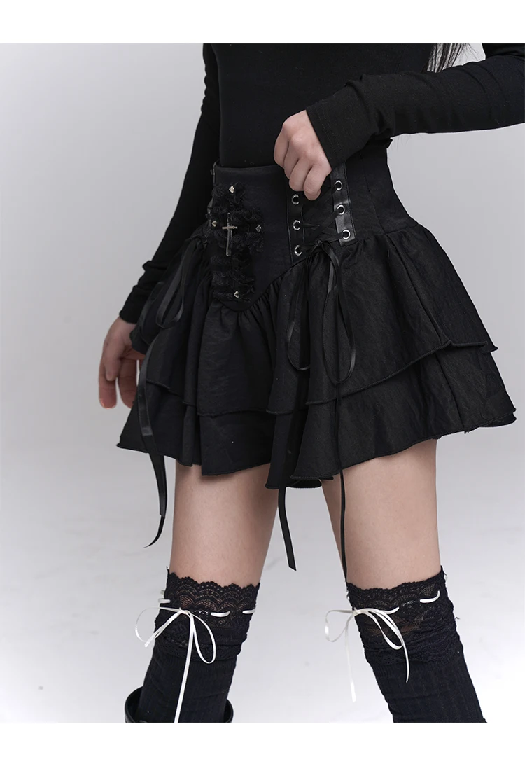 

Cake Mini Skirt Goth Y2K High Waist Vintage Straps Summer Black Sweet Schoolgirl Versatile Short for Halloween