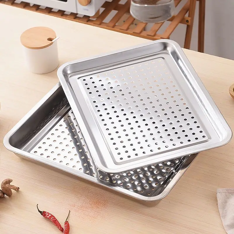 Stainless Steel Food Storage Tray Shallow Drain Trays Vegetable Fruit Dumpling Storage Plate Oil Filter Pan Kitchen Accessories