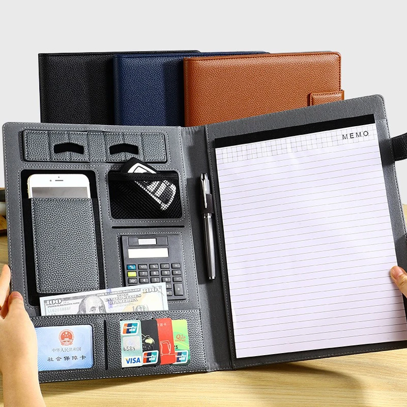 A4 Leather Padfolio Portfolio File Folder Man Document Holder Desk Organizer Executive Folders Calculator Briefcase for Office