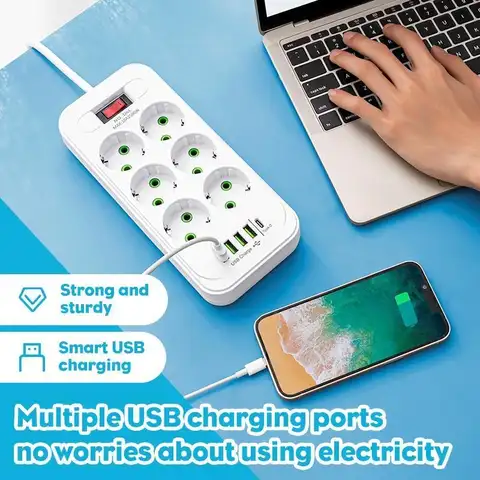 유럽 ​​플러그 다중 접점 6AC 소켓 전원 스트립 USB 4개 및 Type-C 포트 1개 2m 연장 코드 전원 소켓 서지 보호기