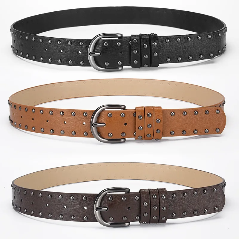 White PU Leather Punk Women's Belt Gothic Retro Hip Hop y2k Girls' Girdle Simple Design Rivet Needle Buckle Black Waistband