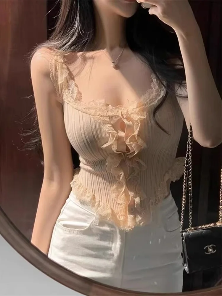 Summer Sexy Lace Splice Slim Fit Short Knitted Tube Top Women's Fashion Hot Girl Style Inner Wear Top Multi-Color Strap Vest