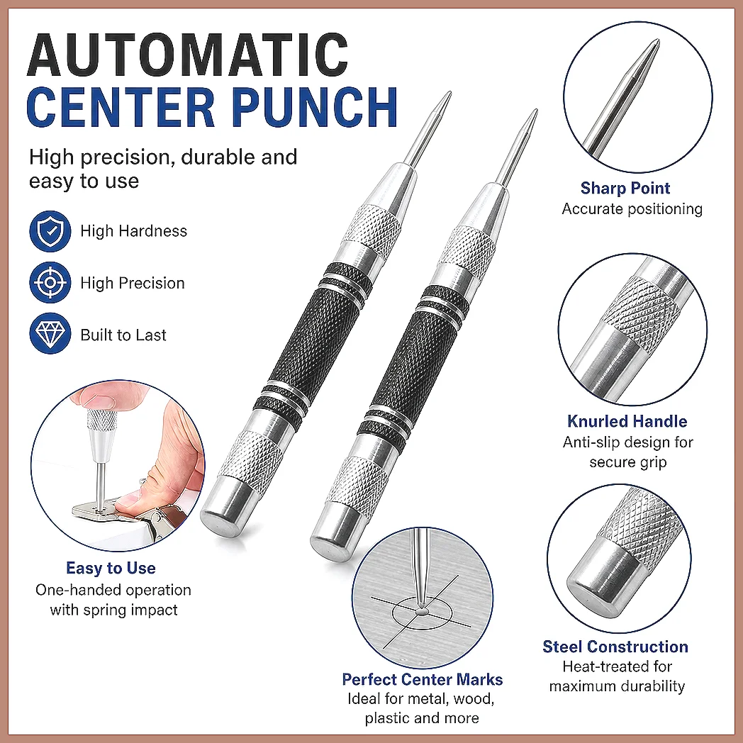Adjustable Automatic Center Punch Spring Loaded Locator for Woodworking Metal Drilling Center Pin Press Dent Marker Hand Tool
