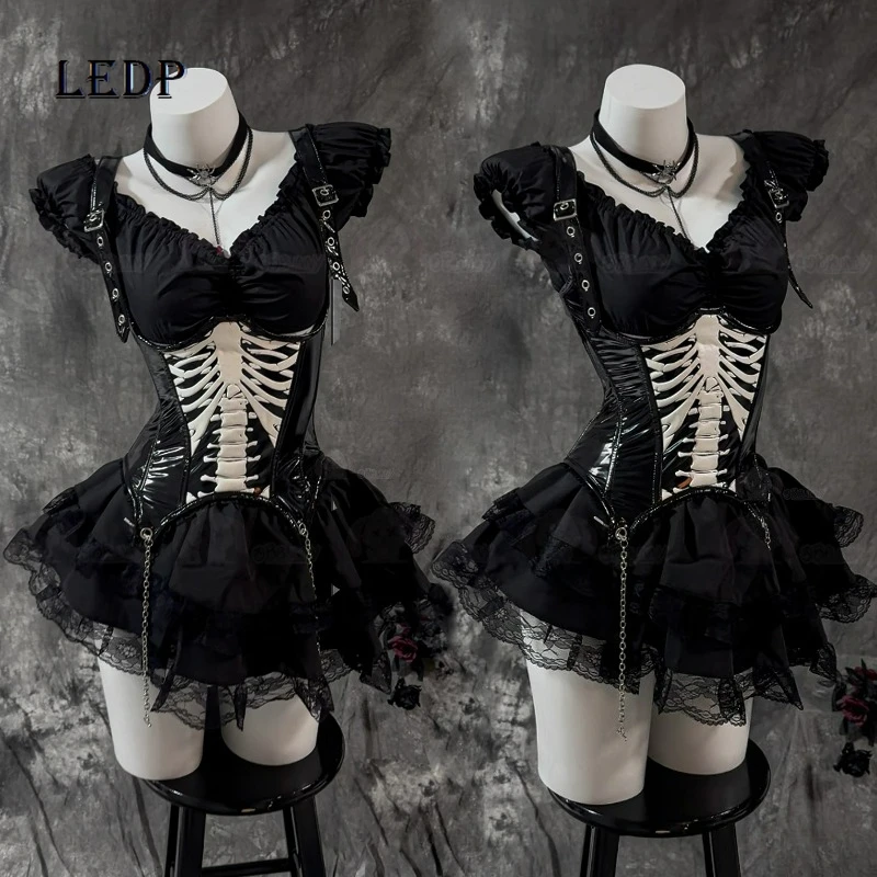 

Женский топ с милыми пышными рукавами на Хэллоуин, оригинальный дизайн, готическая темная кружевная юбка в стиле Лолиты, панк, поясной комплект, женский комплект