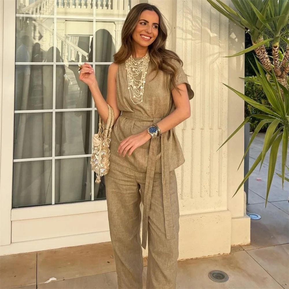 PB&ZA 2024 Spring New Women\'s Fashion and Temperament Slim Fit Versatile Linen Blended Top High Waist Pants Set