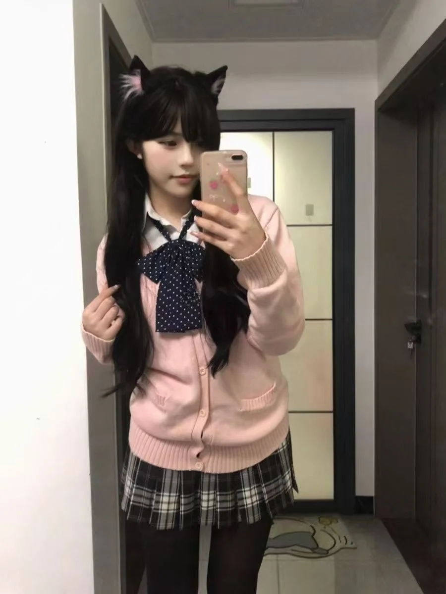 

Милый вязаный кардиган, длинный свитер, осенне-зимний комплект в стиле JK, школьный, преппи, с юбкой и свитером