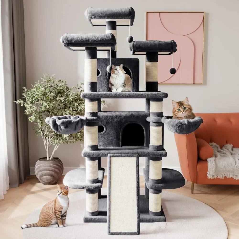 

68 Inches Multi-Level Large Cat Tree for Large Cats Big Cat Tower Cozy Plush Cat Perches Sisal Scratching Posts and Hammocks