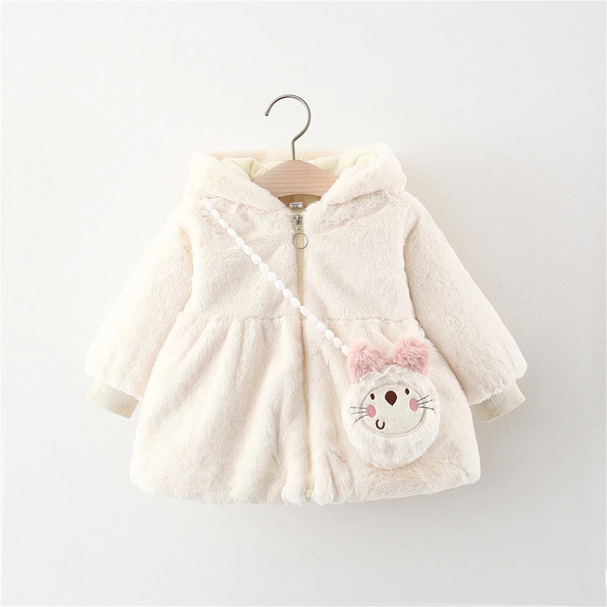 Winter 2-piece/set baby girl jacket bag baby girl cat ear hood zipper solid color woolen cotton jacket