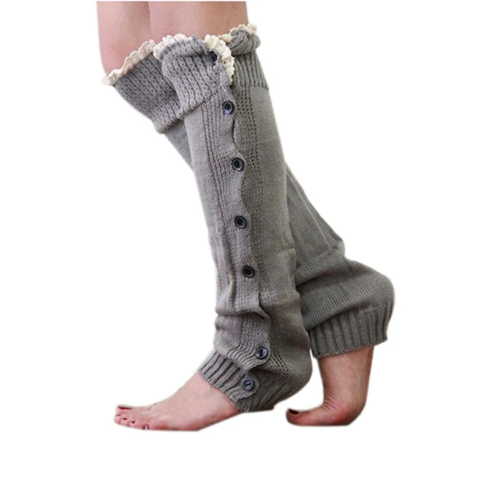 Calentadores de piernas de color gris claro, 52x12 Cm, fibras acrílicas, adorno de encaje tejido para mujer, calcetines hasta la rodilla, estilo de bota, 1 Uds.