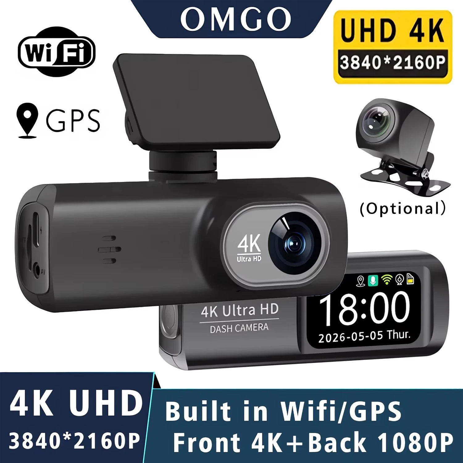 4K 2160P Dash Cam Built-in WiFi GPS HD Night Vision Driving Recorder Loop Recording Support APP Control 24H Parking Monitoring