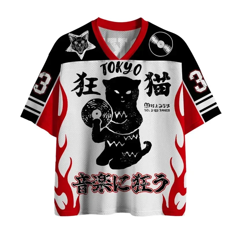 Y2K Tokyo Punk Pattern, Retro Japanese Style Black Cat Music Flame T-shirt, Harajuku Gothic Style Top, Unisex Streetwear..