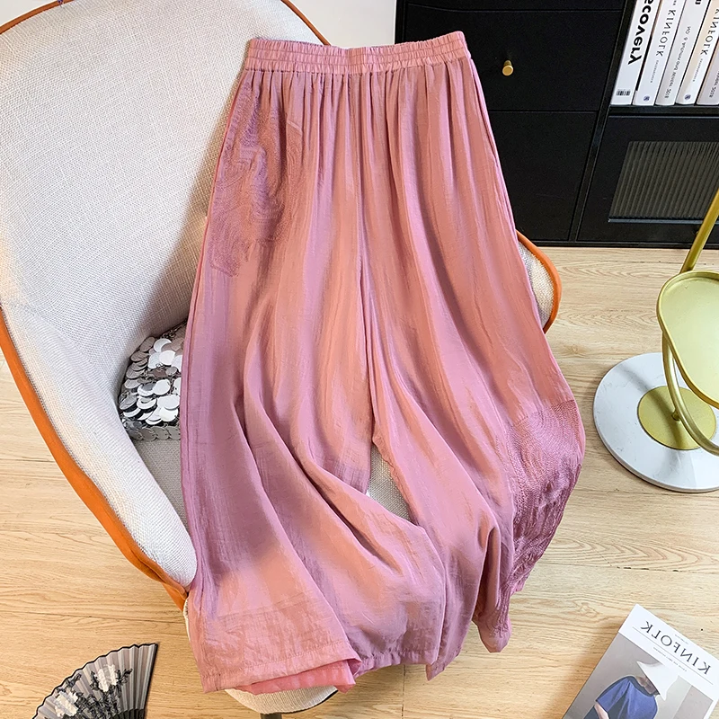 Ele Embroidered High Waist Wide Leg Casual Pants Women's plus Size Straight Cut Faionable Drapey Slimming Trousers