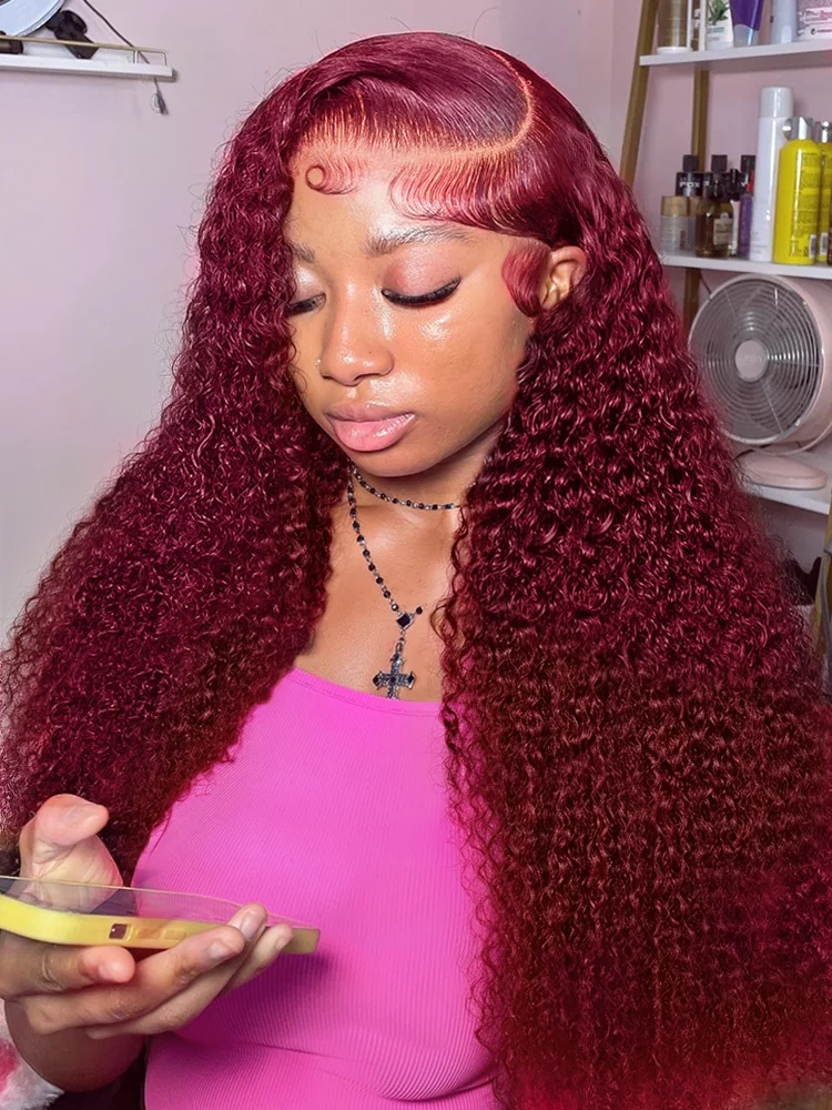 30 40 Inch Water Curly 99J Burgundy 13x4 Lace Frontal Wig High Density Red Colored Deep Wave 13x6 HD Lace Front Human Hair Wigs