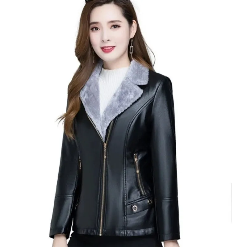 Winter Fashion Leather Jacket Female Add Velvet Add Thick Outerwear Skin Hair One Slim Fit Short Keep Warm Temperament Coat