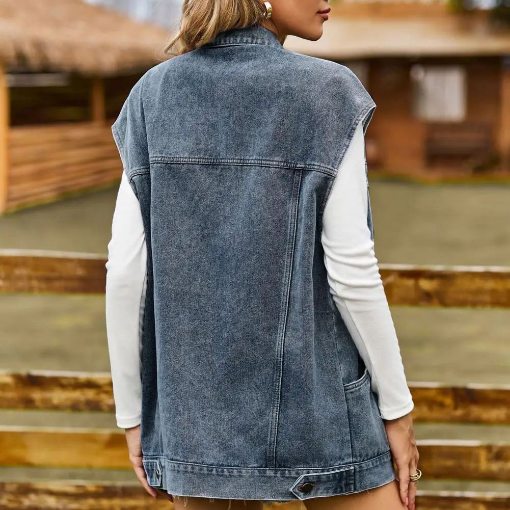 Denim Vest Met Enkele Rij Knopen, Stijlvol Damesvest Met Grote Zakken, Casual Mouwloos Voor Streetwear